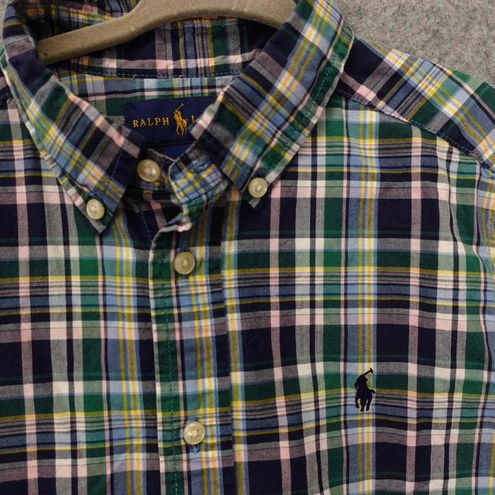 Oxford Button Down‎ Shirt Boys 6 Green Blue Tartan Plaid RALPH LAUREN Pony RL